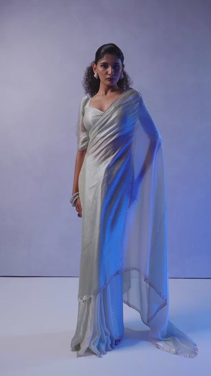 Pastel Sage Green Organza Saree with Subtle Sequin Detailing