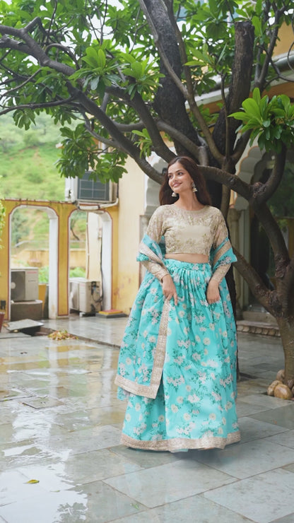 Sky Blue Floral Printed Lehenga Set with Embroidered Blouse