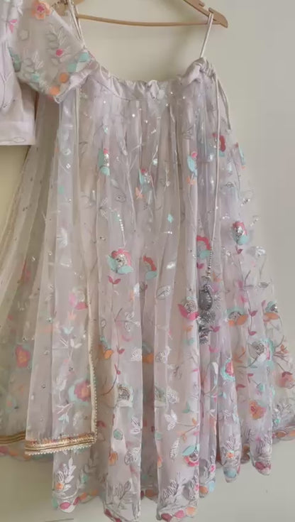 White Pastel Floral Embroidered Lehenga Set