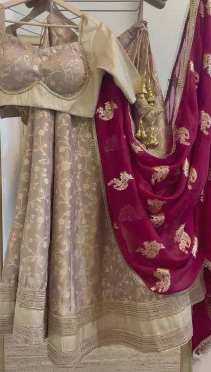 Elegant Beige & Maroon Embroidered Lehenga Set