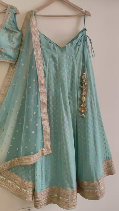 Sage Green Indian Designer Lehenga Blouse for Wedding Guest