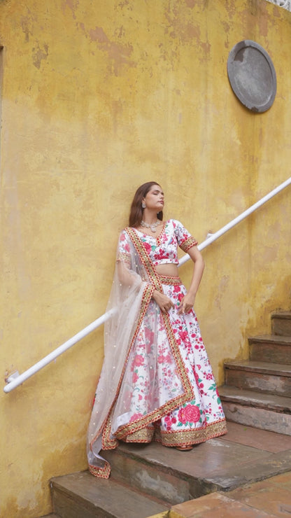 White Floral Printed Lehenga Set with Embroidered Dupatta