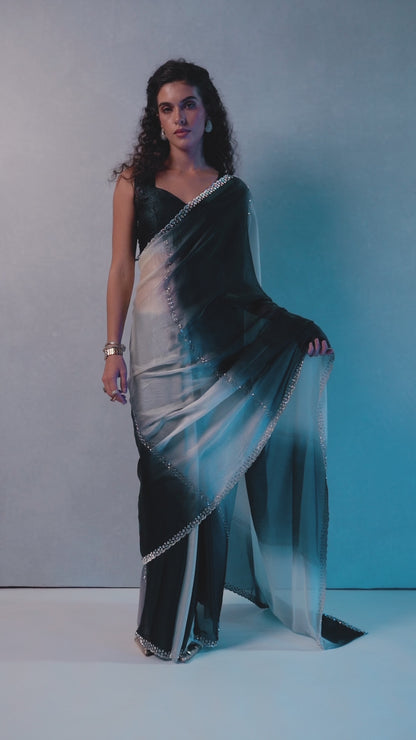 Black & Ivory Ombre Organza Saree with Sequin Border