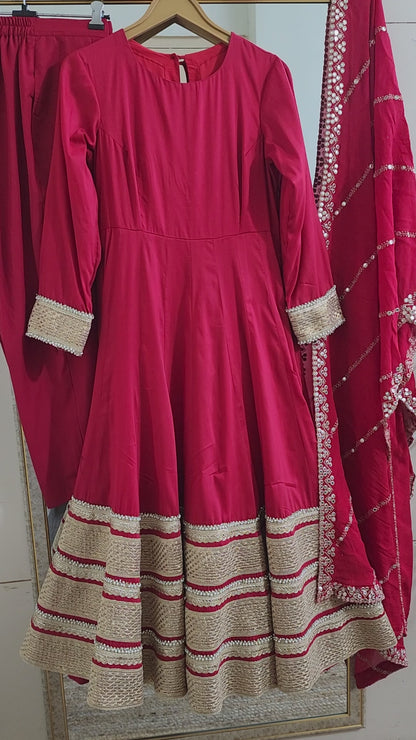 Pakistani Style Anarkali Salwar Kameez Suit Red Silk Cotton Fabric