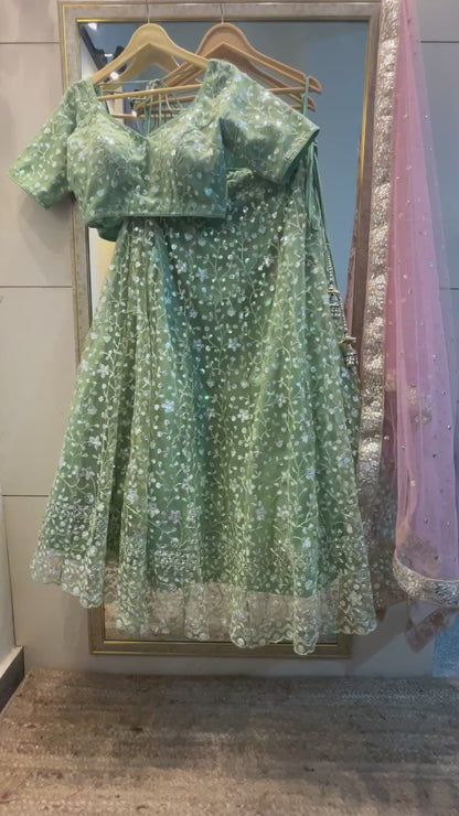 Indian Designer Embroidered Green Net Lehenga Choli