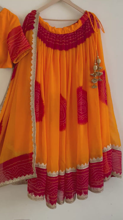 Vibrant Yellow & Red Bandhani Lehenga Set – Handcrafted Festive Outfit