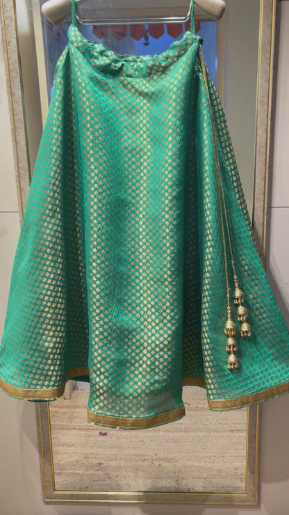 Green Brocade Lehenga Skirt with Golden Zari Work – Custom Size