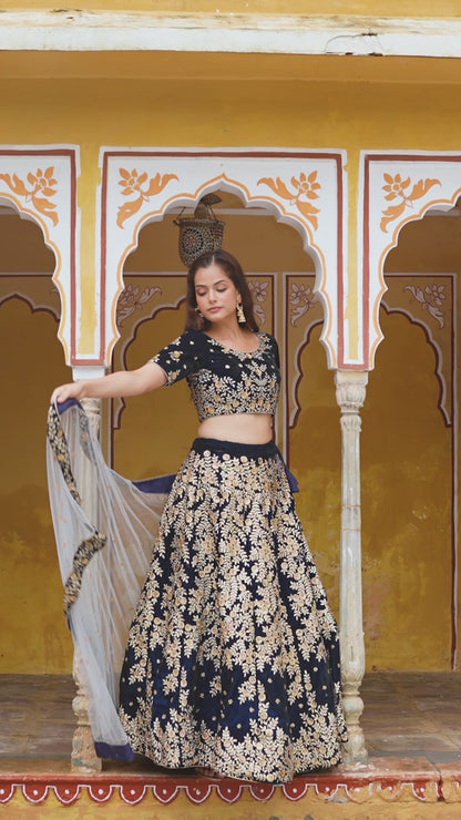 Navy Blue Velvet Embroidered Lehenga Set