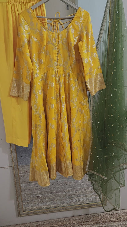 Yellow Anarkali Salwar Kameez with Green Net Dupatta