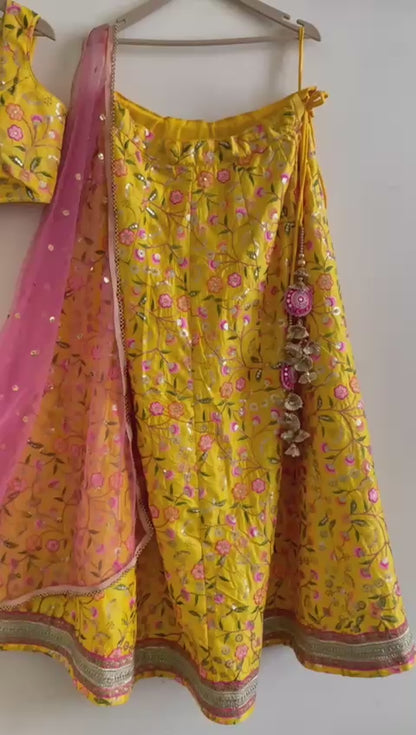 Sunshine Yellow Embroidered Lehenga Set with Pink Dupatta